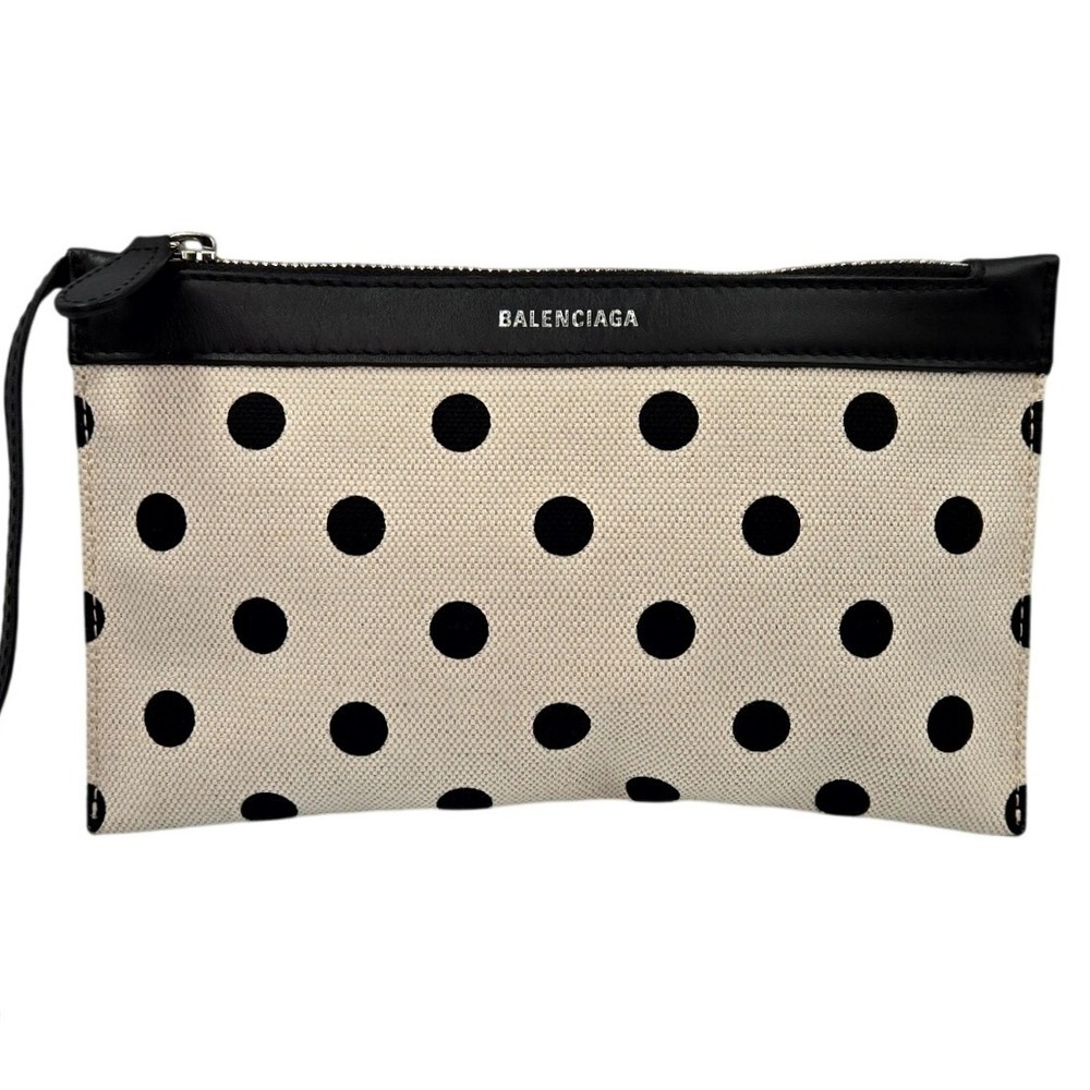 Balenciaga Navy Pouch Canvas Polka Dot Leather Trim Wristlet Clutch Black White